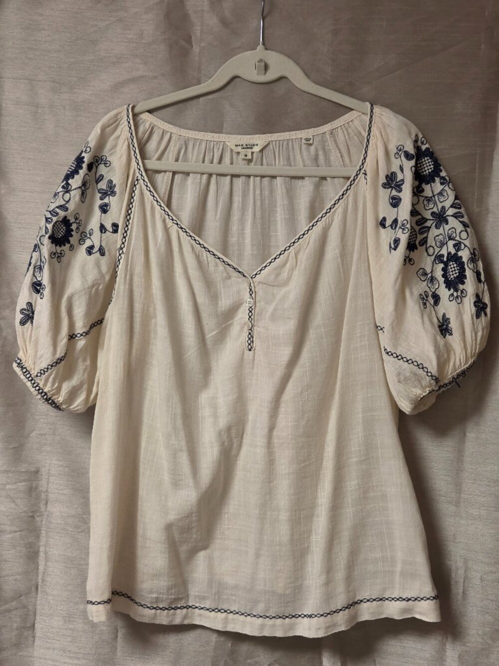 Max Studio London White Embroidered Peasant Blouse Puff Sleeve Boho Blouse, M